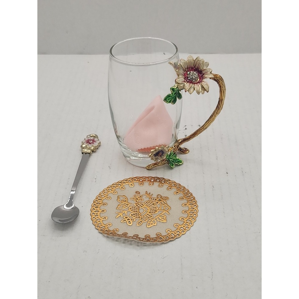 Sunflower Crystal Glass Teacup, Spoon Set. Unique!